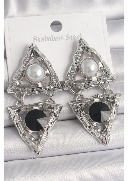 Pirinç Gümüş Renk Sallantı Üçgen Model Inci Detay Kadın Küpe