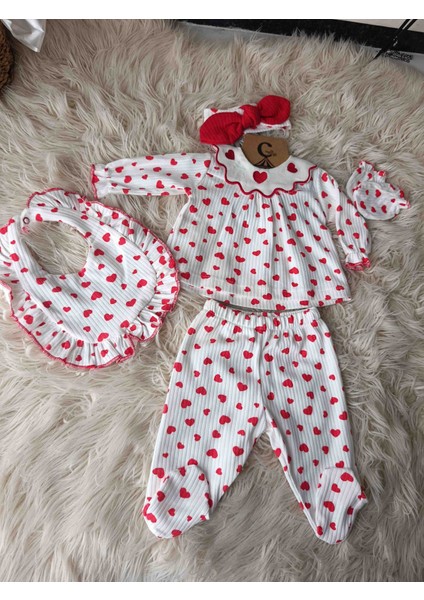 Kız Bebek Kalpli %100 Pamuk 4li Hastane Çıkış Seti