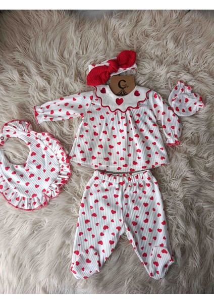 Kız Bebek Kalpli %100 Pamuk 4li Hastane Çıkış Seti modelleri