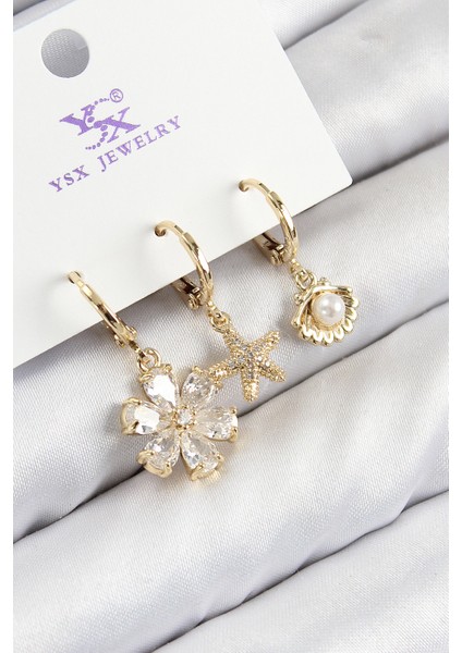 Pirinç Zirkon Taşlı 3 Lü Istiridye ve Çiçek Model Gold Renk Kadın Küpe