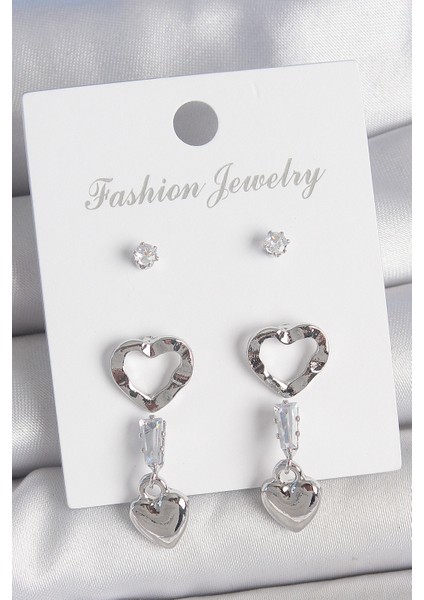 Pirinç Gümüş Renk Zirkon Taş Detaylı Sallantı Model 2 Çift Kadın Küpe Seti