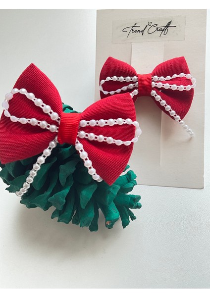 Kırmızı Fiyonk Inci Taş Işlemeli 2’li Klips Toka