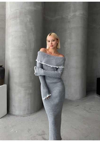 Kayık Yaka Triko Şeritli Elbise modelleri