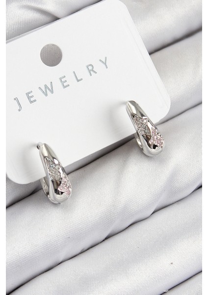 Pirinç Zirkon Taş Desenli Model Gümüş Renk Kadın Küpe