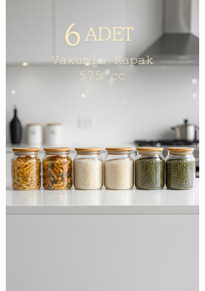 6’lı Cam Kavanoz Seti 575 cc – Vakumlu Bambu Kavanoz