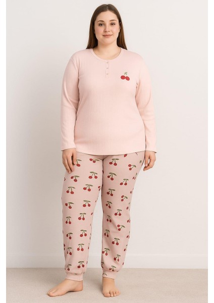 Kadın 0268 Büyük Beden Raporlu Pijama Takımı Vizon