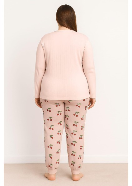 Kadın 0268 Büyük Beden Raporlu Pijama Takımı Vizon fiyatları