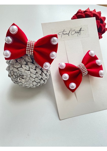 Kırmızı Fiyonk Incili Özel Tasarım 2’li Klips Toka