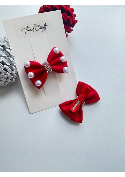 Kırmızı Fiyonk Incili Özel Tasarım 2’li Klips Toka