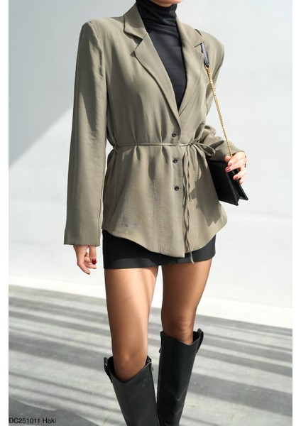 Kadın Kruvaze Yaka Bağcıklı Basıc Sezonluk Ceket fırsatları