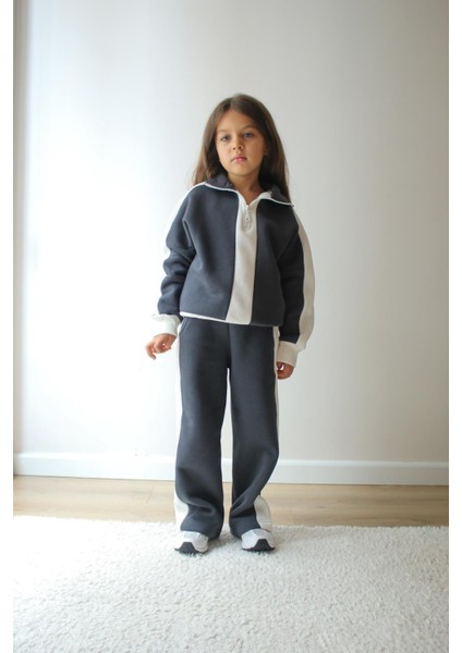 3-10 Yaş Kız Çocuk 3 Iplik Şardonlu Gri-Beyaz Şeritli Kışlık Eşofman Takımı