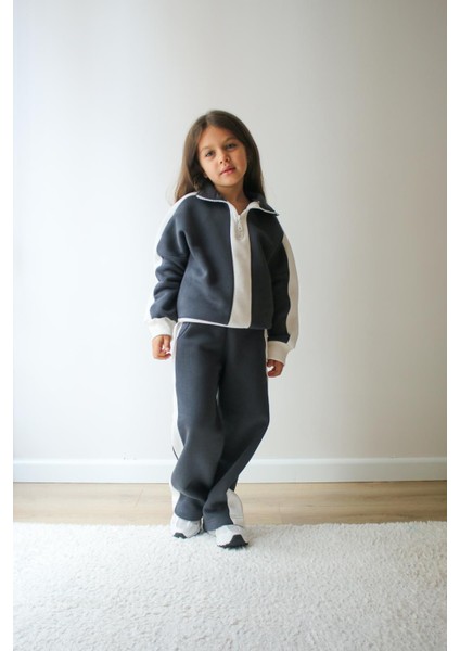 3-10 Yaş Kız Çocuk 3 Iplik Şardonlu Gri-Beyaz Şeritli Kışlık Eşofman Takımı fiyatları