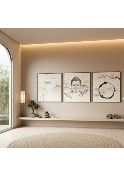 3'lü Çerçeveli Zen Temalı Kanvas Tablo Seti | Yoga ve Meditasyon Dekoru