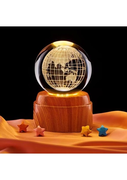 3D Kristal Cam Küre Gece Lambası, 8 cm Çap, LED Işıklı, USB ile Çalışır, Ahşap Stand, Otomatik Dönen, Büyük Boy