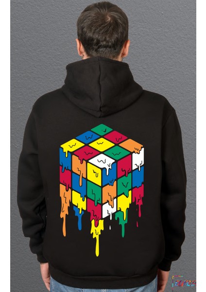 Rubik Zeka Küpü Renkli Kombinasyon Akışkan Baskılı Sweatshirt Unisex Kapüşonlu Hoodie