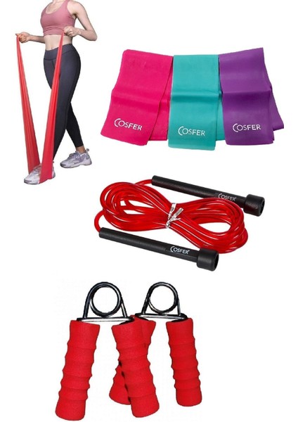 Set Aerobik Yoğa Egzersiz Pilates Bandı Atlama Ipi El Parmak Bilek Kol Güçlendirme El Yayı 3'lü