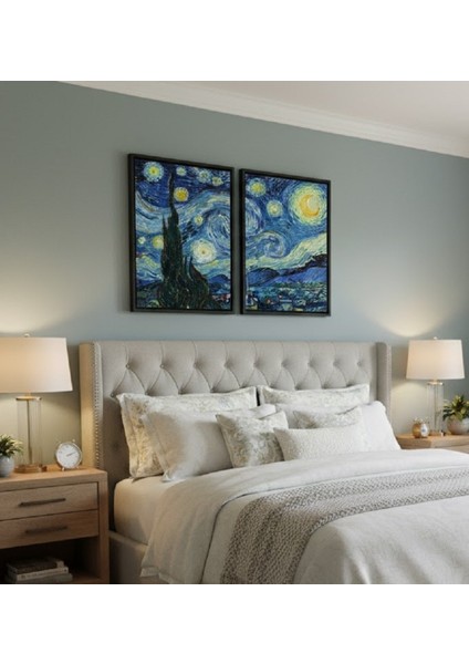 2'li Yıldızlı Gece Tablosu Seti | Mavi Tonlarda Van Gogh Tarzı Duvar Sanatı Çerçeveli Tablo Seti