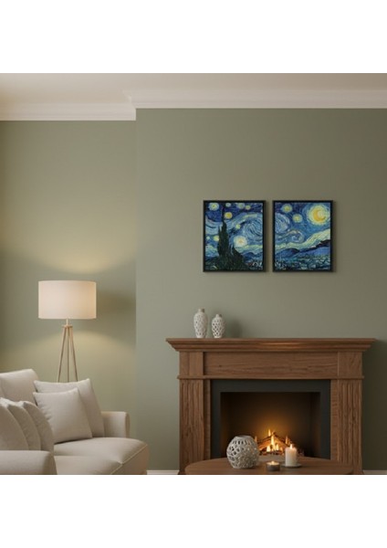 2'li Yıldızlı Gece Tablosu Seti | Mavi Tonlarda Van Gogh Tarzı Duvar Sanatı Çerçeveli Tablo Seti fiyatları