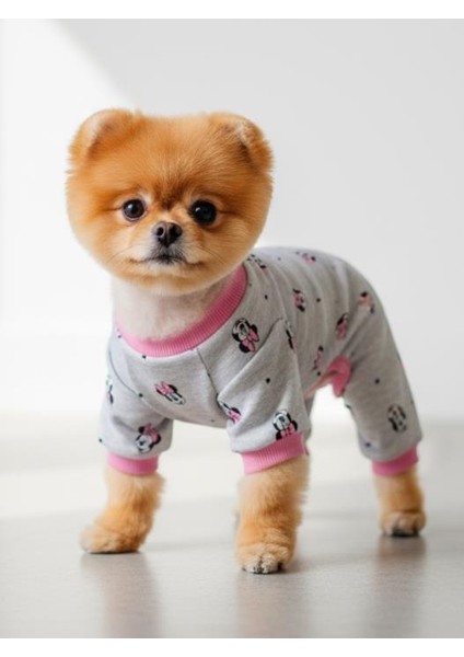 Minnie Köpek Tulumu | Pamuklu Penye Köpek Pijaması | Gri Pembe Desenli | Tüy Dökülmesini Azaltır | Küçük Irklar Için