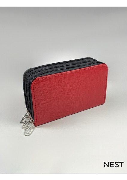 Sunii Deri Kırmızı 3 Fermuarlı Kalemlik, Cüzdan, Kadın Cüzdanı fiyatları