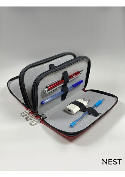 Sunii Deri Kırmızı 3 Fermuarlı Kalemlik, Cüzdan, Kadın Cüzdanı