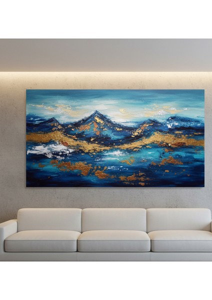 Gold Detaylı, Mavi-Turkuaz Soyut Yağlıboya Efektli Tablo, Mavi Deniz ve Dağ Manzarası Kanvas
