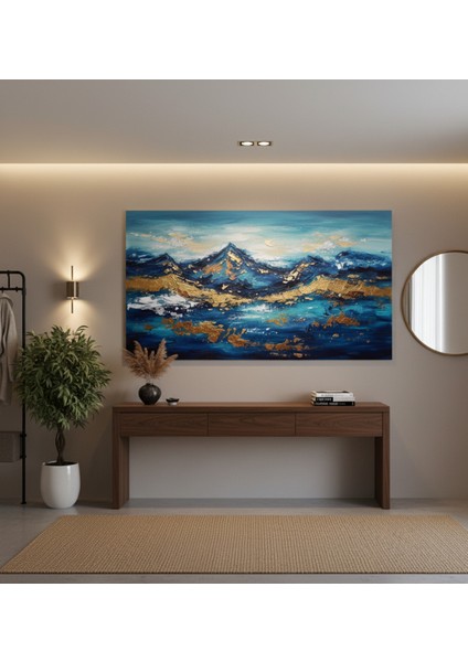 Gold Detaylı, Mavi-Turkuaz Soyut Yağlıboya Efektli Tablo, Mavi Deniz ve Dağ Manzarası Kanvas fiyatları