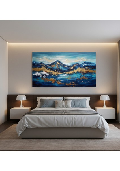 Gold Detaylı, Mavi-Turkuaz Soyut Yağlıboya Efektli Tablo, Mavi Deniz ve Dağ Manzarası Kanvas modelleri