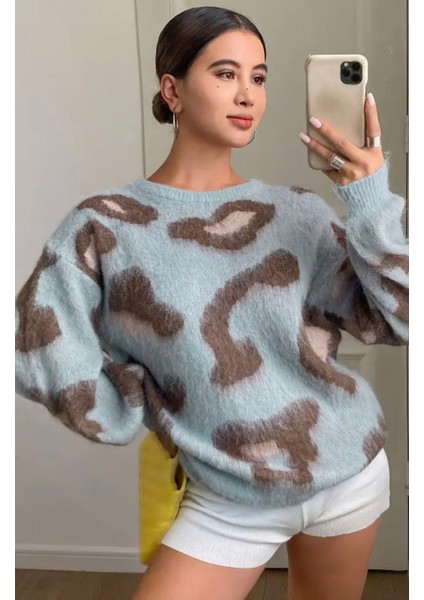 Yumuşacık Dokulu Mavi Kahve Desenli Oversize Kazak