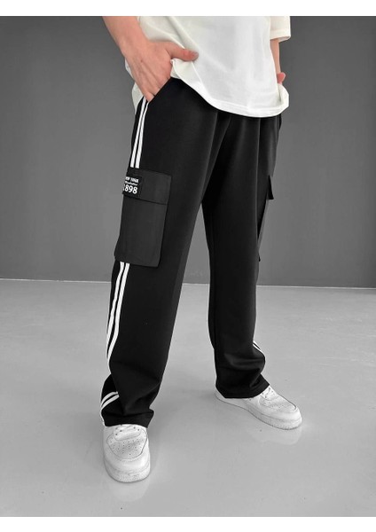 Iki Iplik Kumaş Kargo Cepli Şeritli Alt Esofman - Siyah -Vlmr