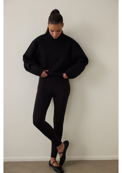 Siyah Gizli Cep Görünümlü Yüksek Bel Tayt