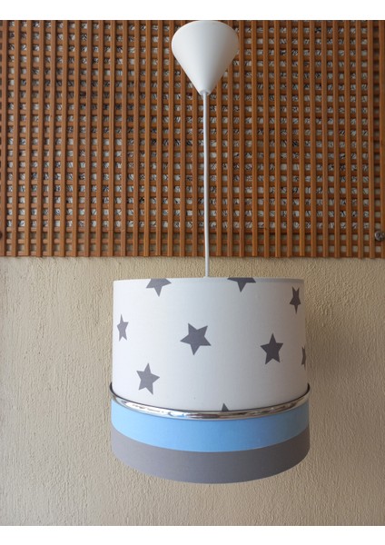 Beyaz Gri Mavi M-0351 Kumaş Kaplama Yıldızlı Çocuk Odası ve Bebek Odası Avize Aydınlatma Sarkıt