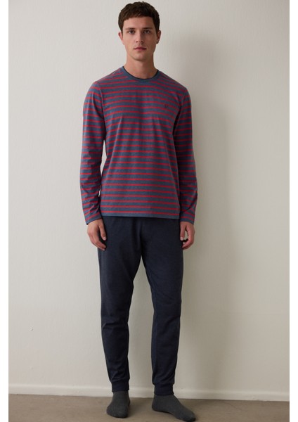 Kırmızı Erkek Çizgili Jogger Pijama Takımı