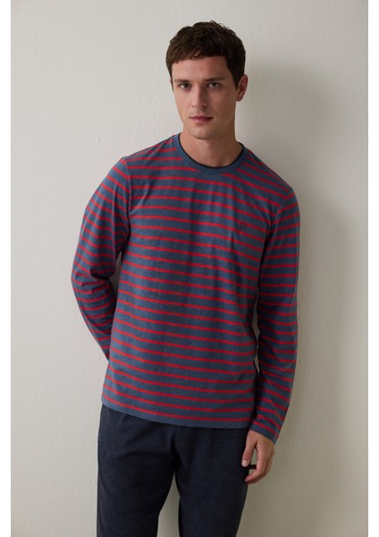 Kırmızı Erkek Çizgili Jogger Pijama Takımı