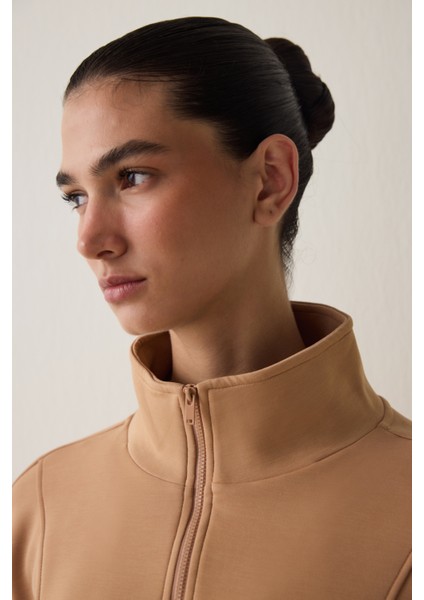 Açık Kahverengi Modal Dik Fermuar Yaka Sweatshirt