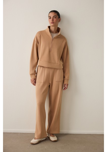 Açık Kahverengi Modal Dik Fermuar Yaka Sweatshirt