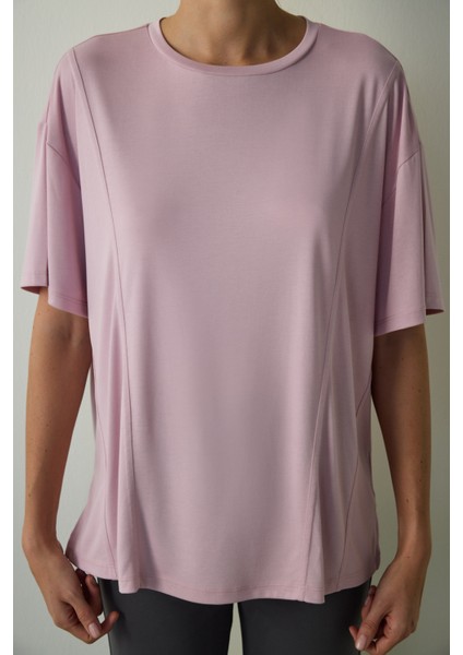 Lila Bisiklet Yaka Dikiş Detaylı Modal Oversize Tişört
