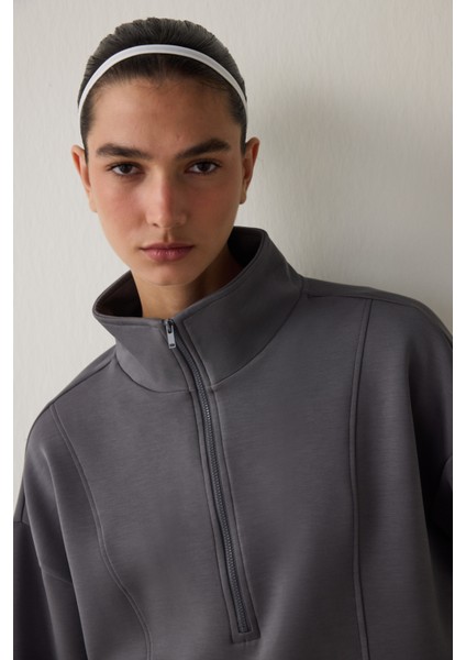 Gri Modal Dik Fermuar Yaka Sweatshirt