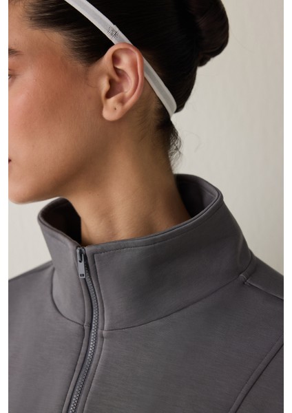 Gri Modal Dik Fermuar Yaka Sweatshirt