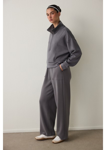 Gri Modal Dik Fermuar Yaka Sweatshirt