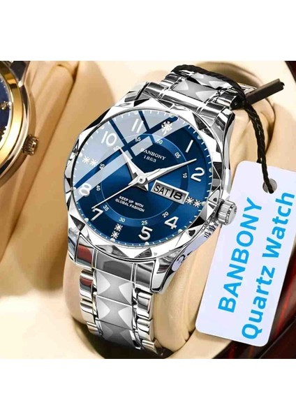 Su Geçirmez Paslanmaz Çelik Quartz Kol Saati – Mavi Kadranlı, Takvimli, Şık Tasarım