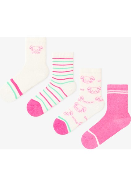Çok Renkli Kız Çocuk Pinky Woof 4lü Soket Çorap