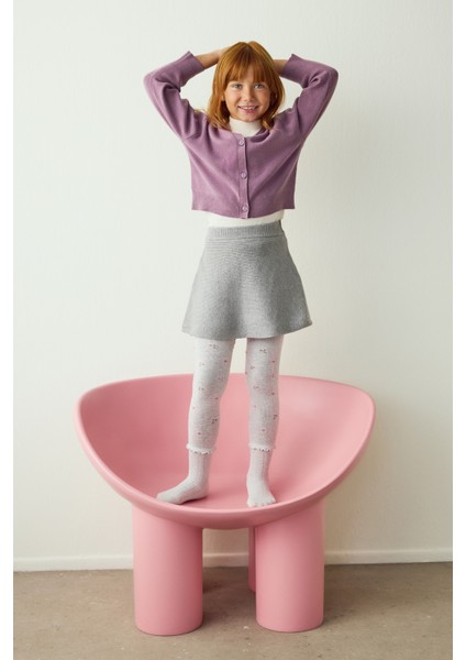 Açık Gri Kız Çocuk Fırfırlı Çiçekli 100 Denye Pamuklu Külotlu Çorap