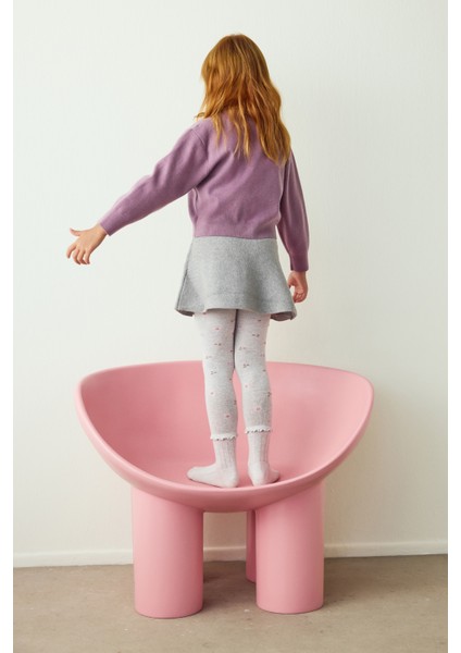 Açık Gri Kız Çocuk Fırfırlı Çiçekli 100 Denye Pamuklu Külotlu Çorap