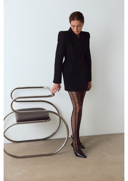 Siyah Amelia Geometrik Desenli File Külotlu Çorap