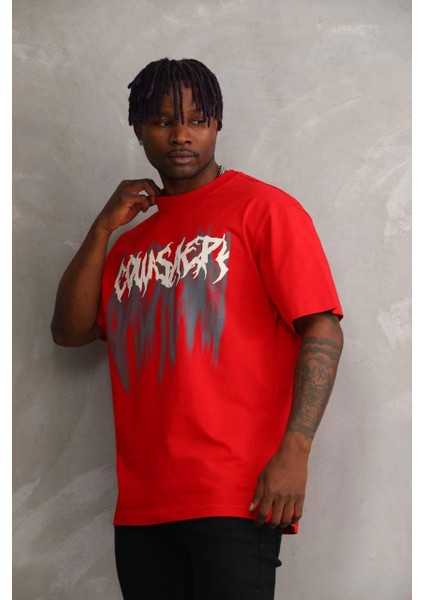Unisex Baskılı Oversize T-Shirt - Kırmızı -Vlmr