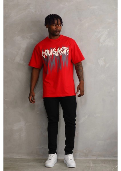 Unisex Baskılı Oversize T-Shirt - Kırmızı -Vlmr indirimleri