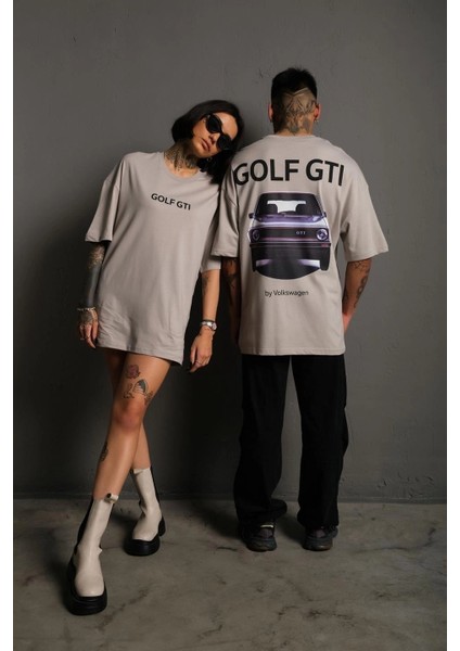 Erkek Oversize Baskılı Tişört - Golf Gtı Retro Araba Desenli - Gri -Vlmr modelleri