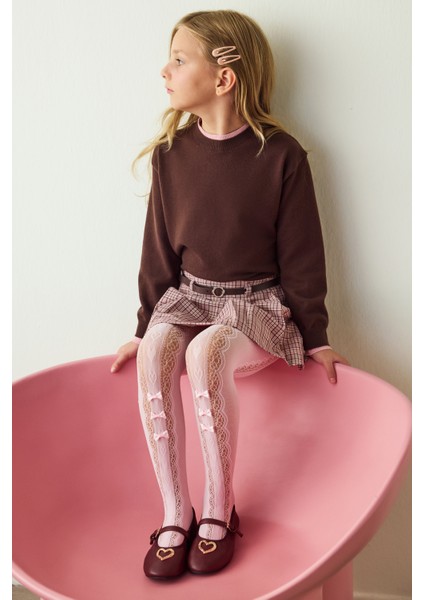 Pembe Kız Çocuk Kurdela Desenli Fiyonklu File Külotlu Çorap