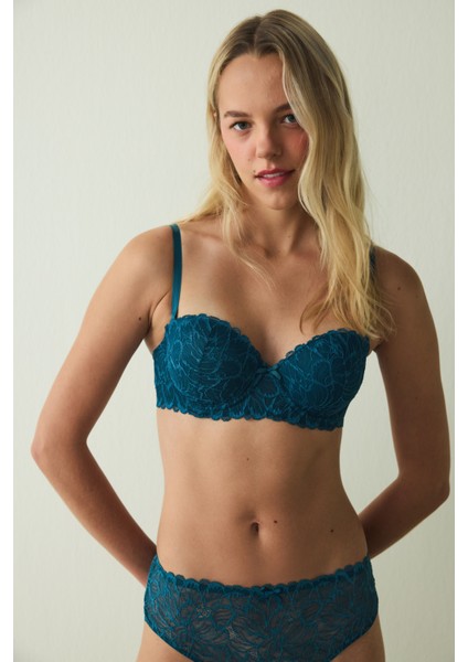Petrol Yeşili Pop Up Dantelli Balenli Push Up Sütyen